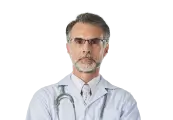 A bespectacled male provider with a stethoscope projects a professional medical image.