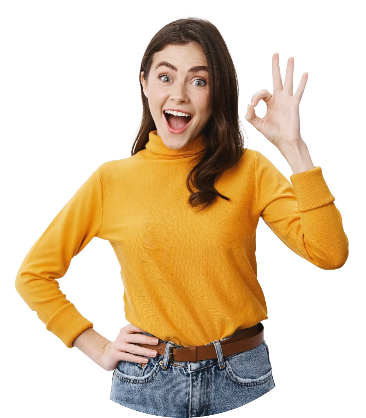 A woman in a yellow shirt smiling and making an "OK" hand gesture.