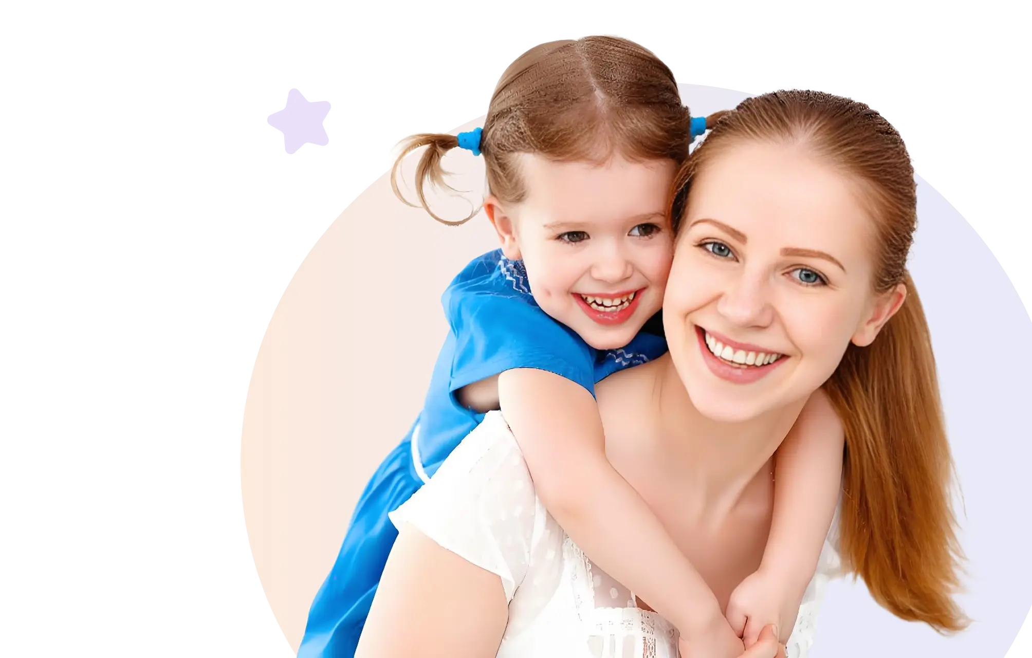 A woman and child smile together in front of a vibrant purple circle background.