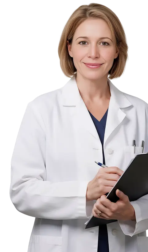 A female doctor stands confidently, holding a clipboard and reviewing patient information in a clinical setting.