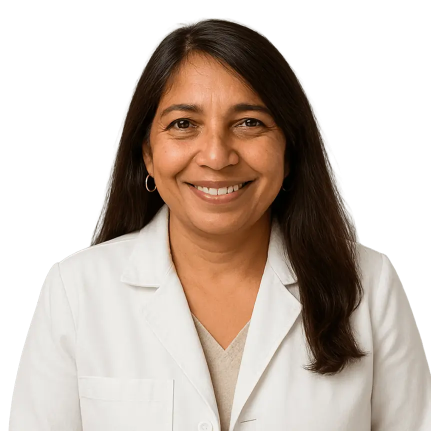 Dr. Krishna Kumar, MD, a medical professional, is depicted in a professional setting, wearing a white coat and stethoscope.