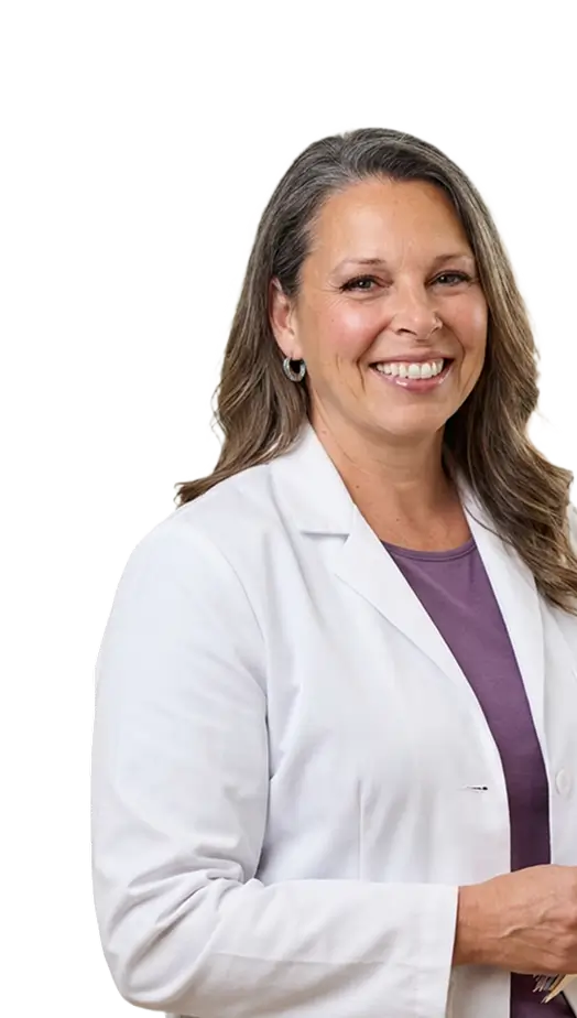 A female doctor stands confidently, holding a clipboard and reviewing patient information in a clinical setting.