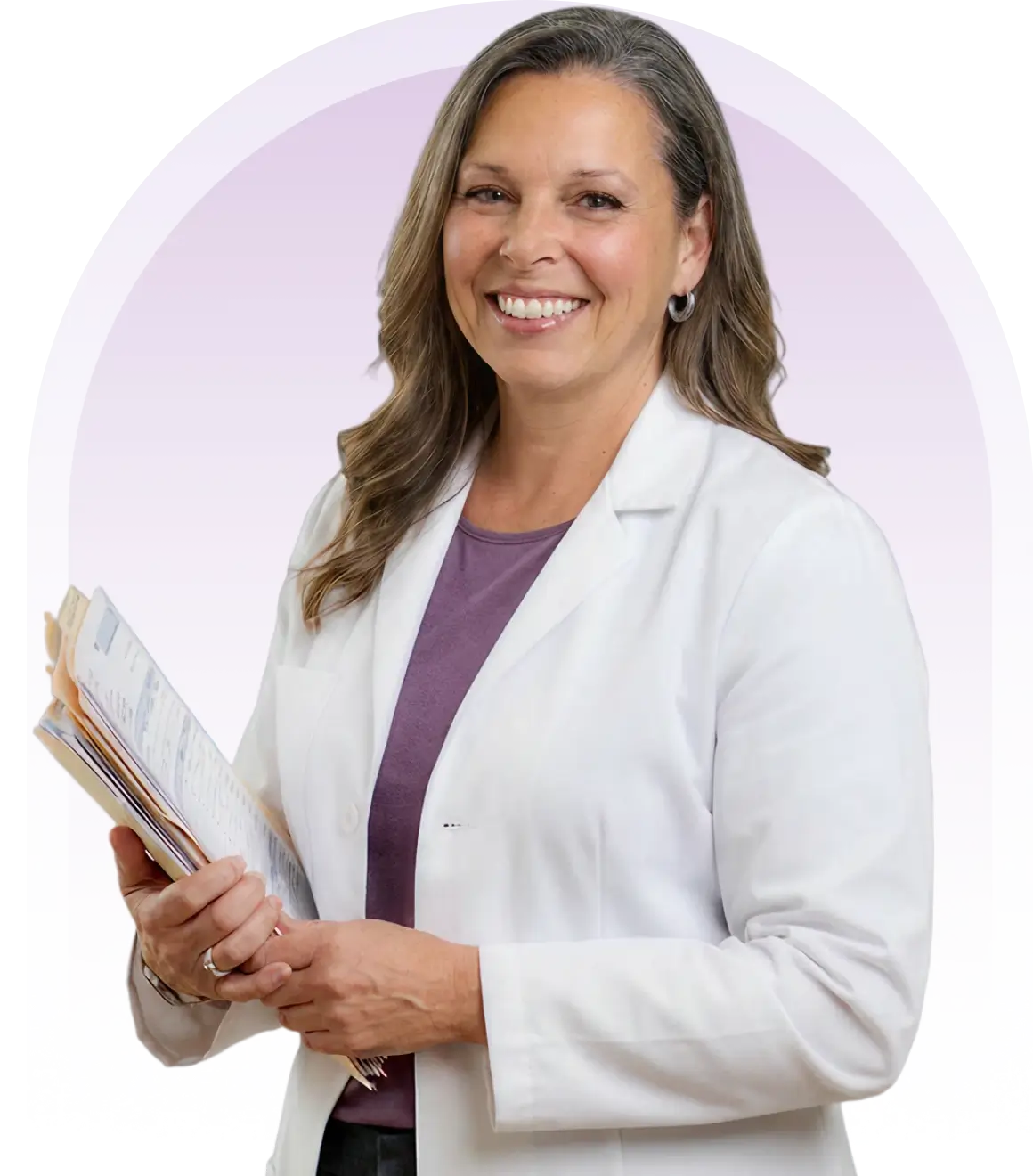 Three doctors in white coats stand together, holding a clipboard, discussing patient information.