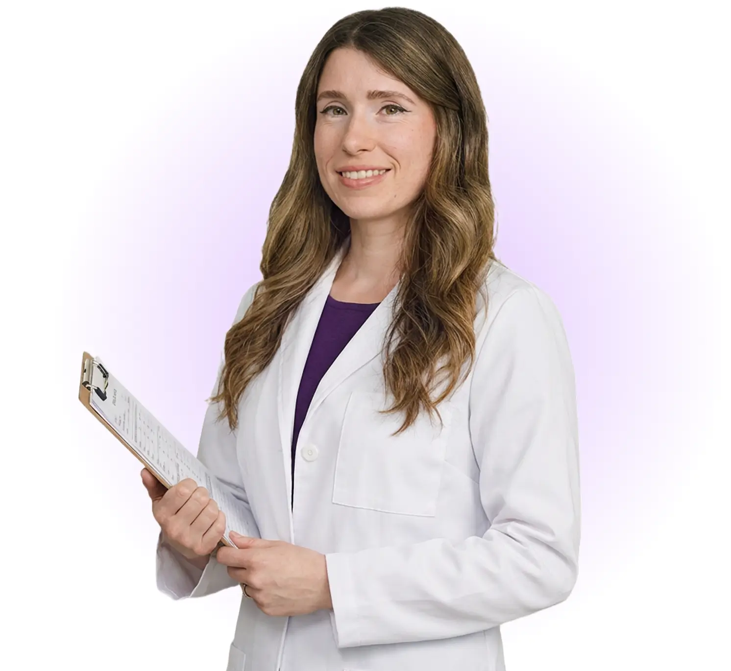 Three doctors in white coats stand together, holding a clipboard, discussing patient information.