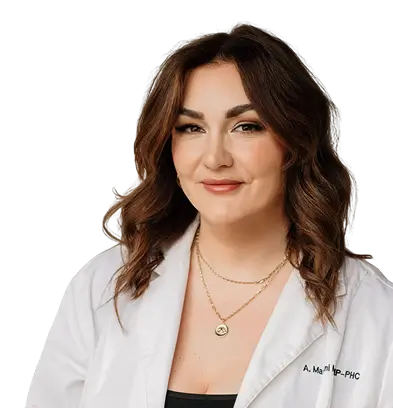 A woman wearing a white lab coat stands confidently, suggesting a professional or scientific environment.