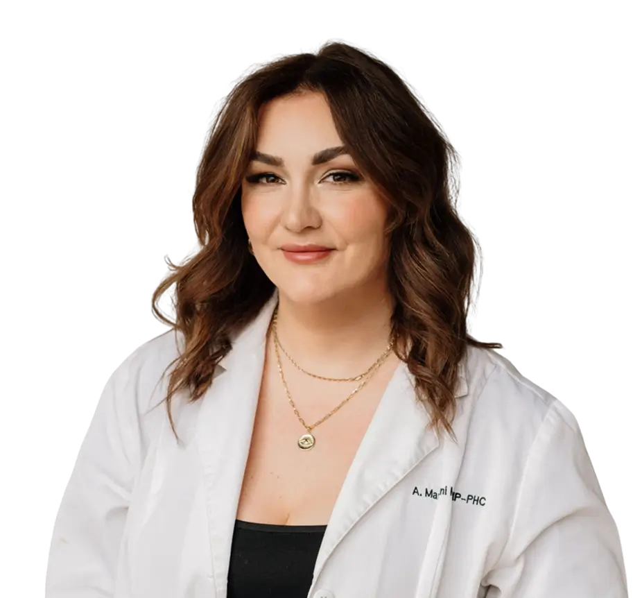A woman wearing a white lab coat stands confidently, suggesting a professional or scientific environment.