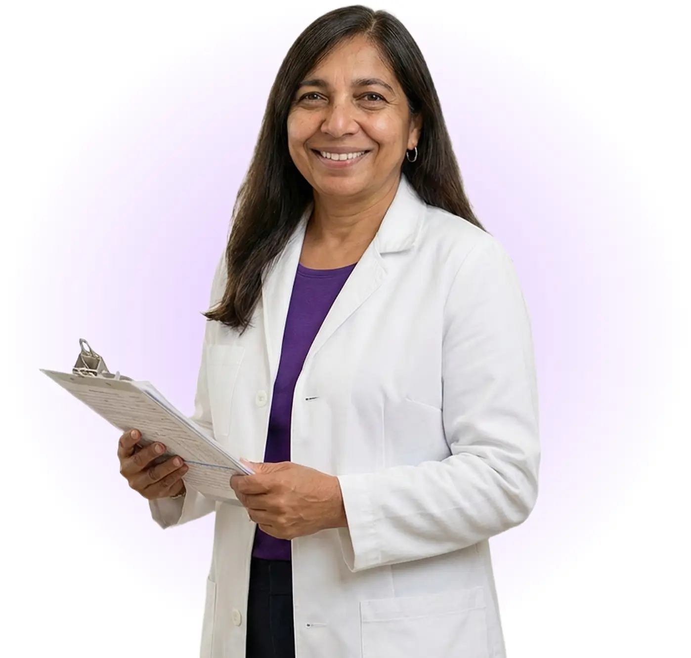 A female doctor in a white coat holds a clipboard, ready to review patient information in a clinical setting.