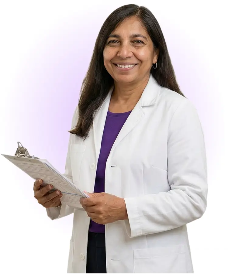A female doctor in a white coat holds a clipboard, ready to review patient information in a clinical setting.