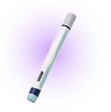 A pen featuring a blue and white tip, set against a vibrant purple background.