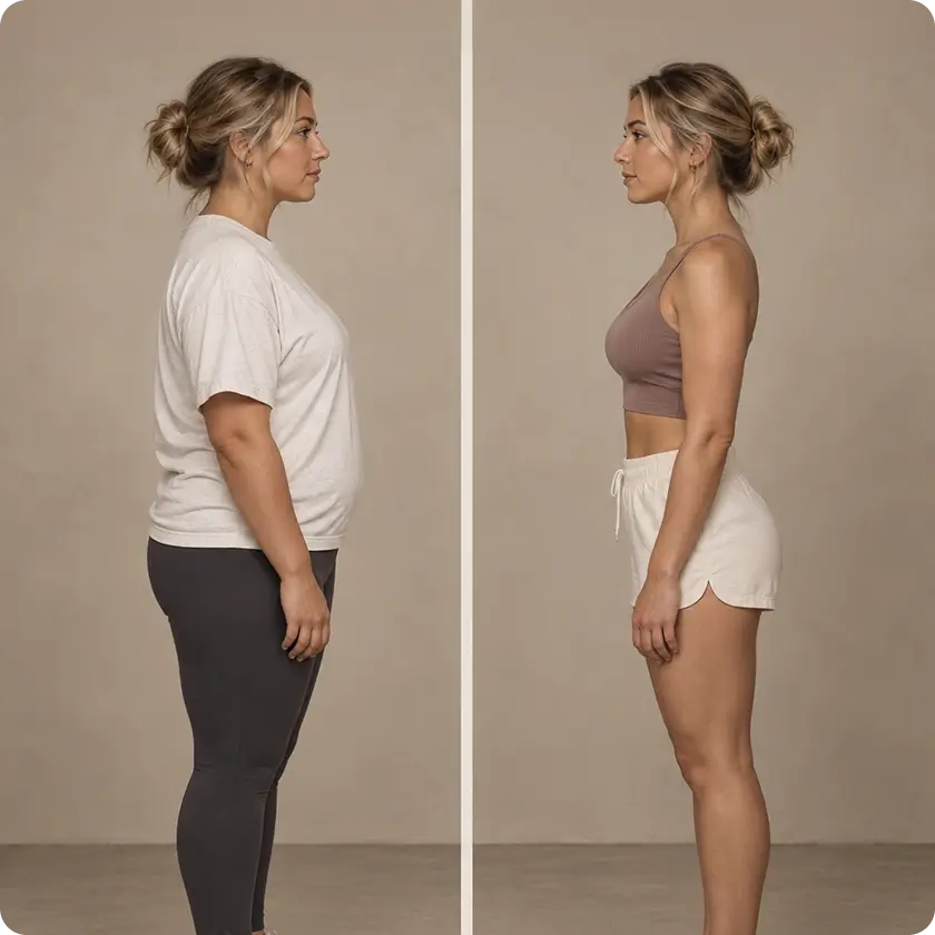 Side-by-side before and after comparison of a woman standing in profile.