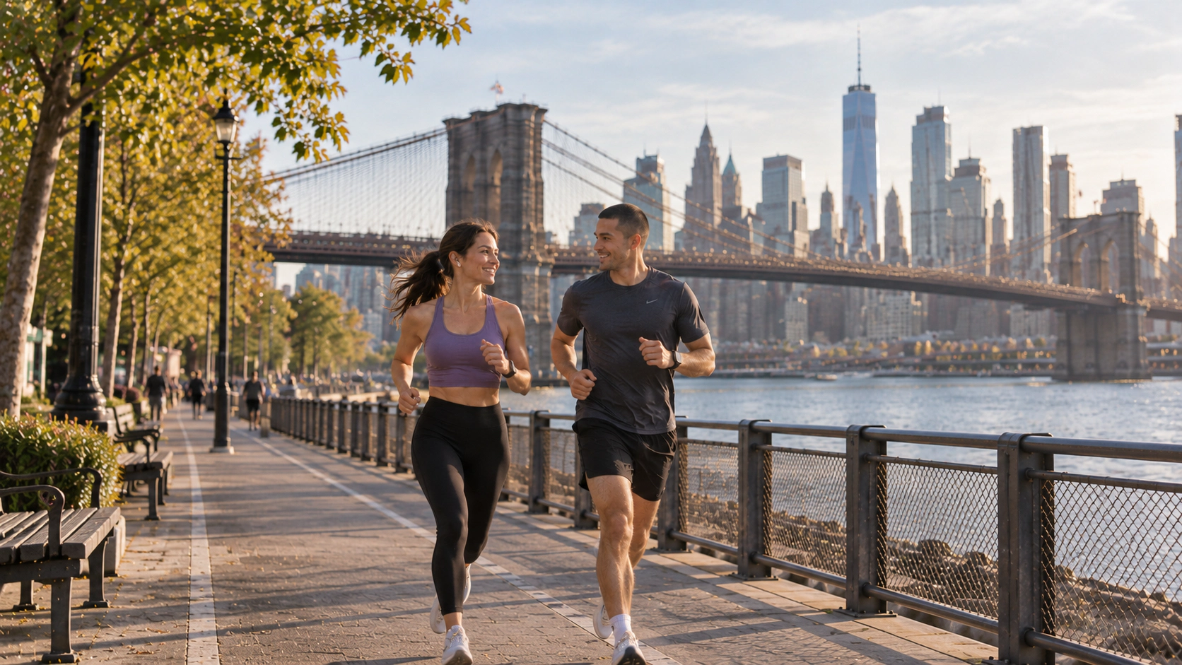 Two adults jogging along a waterfront promenade with a city skyline, reflecting an active lifestyle alongside medical weight management.