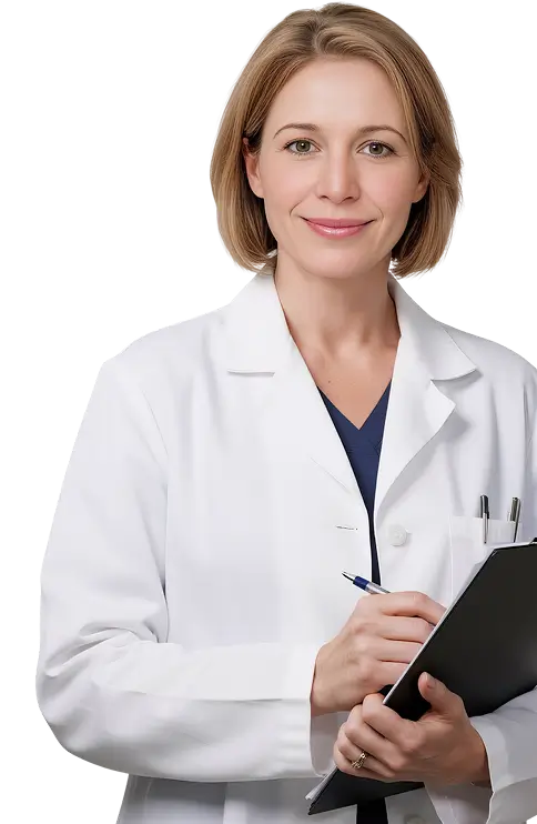 A female doctor stands confidently, holding a clipboard and reviewing patient information in a clinical setting.