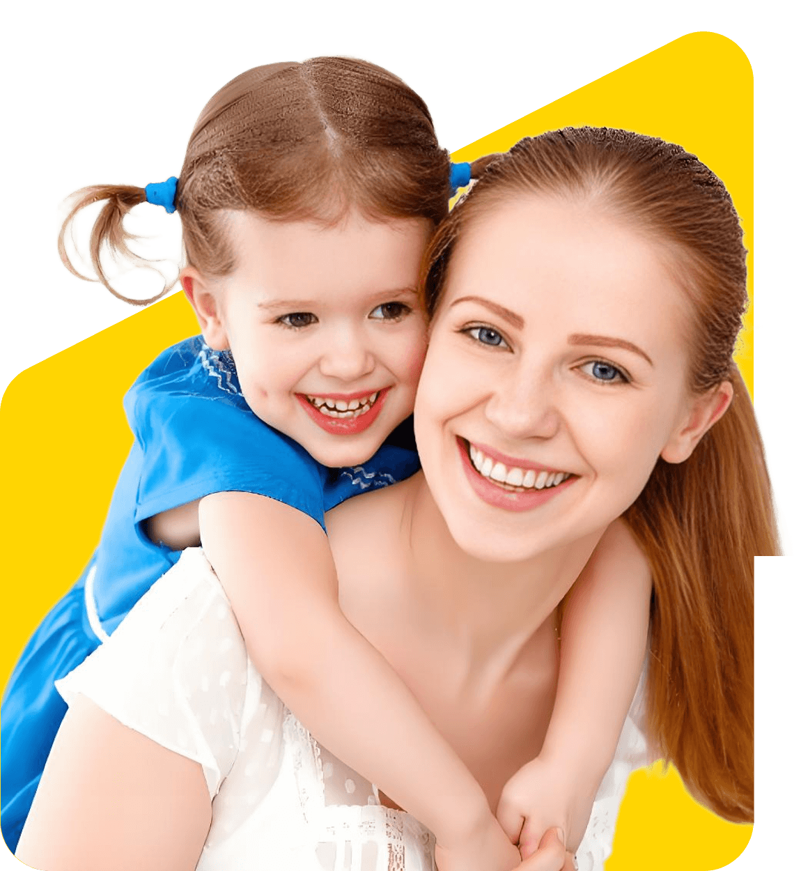 A woman and a child embrace each other, both smiling warmly at the camera.