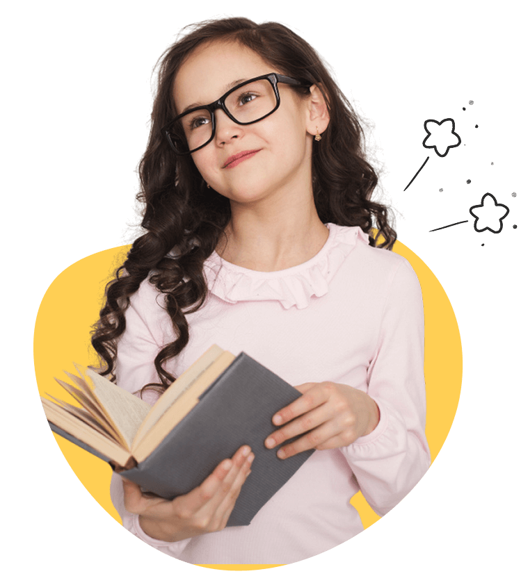A girl wearing glasses is holding a book, looking engaged and thoughtful.